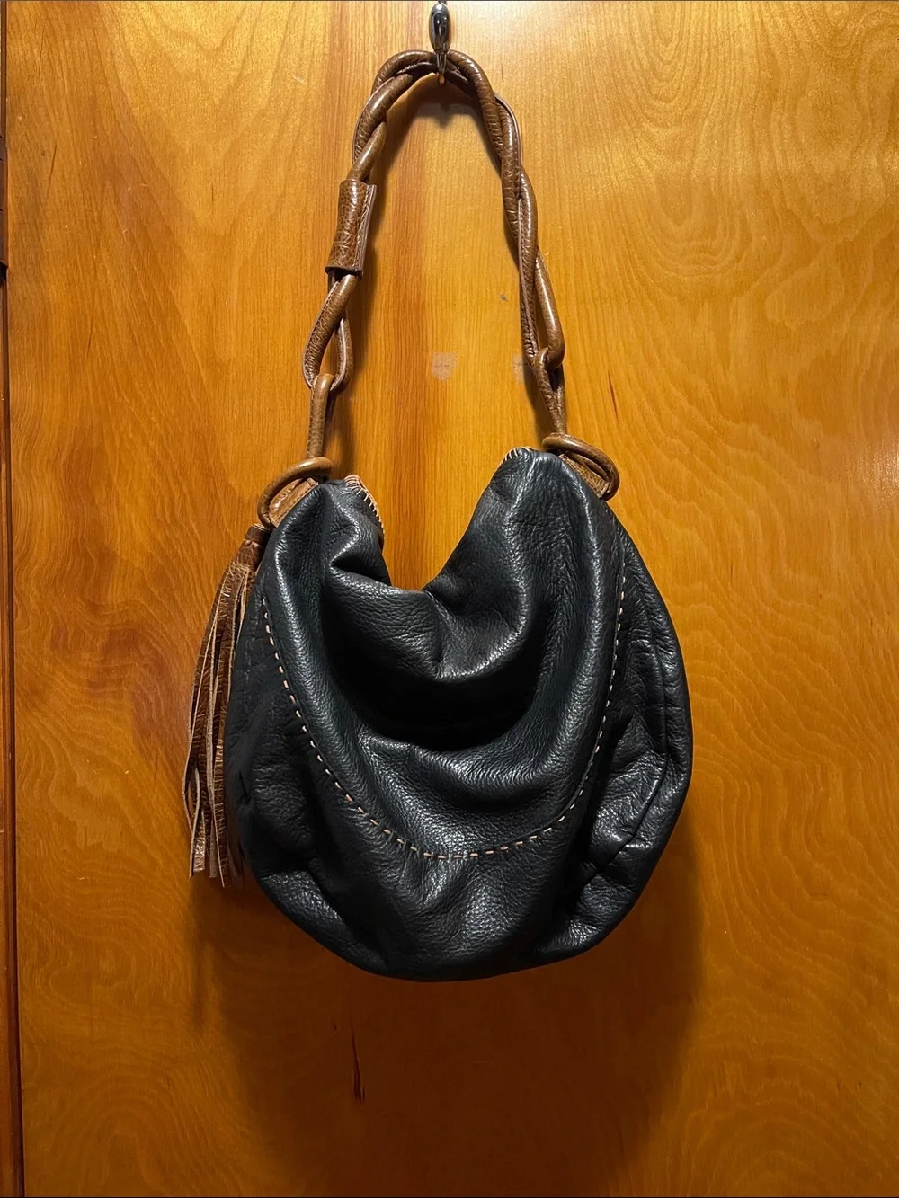Black Hobo Bag with Brown Braided Strap and Tassel